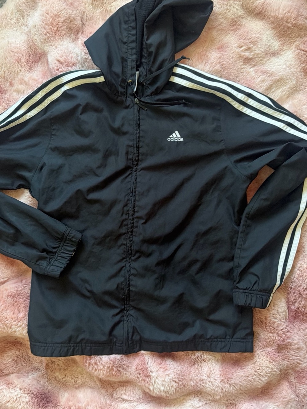 Adidas women's Black Hooded Windbreaker Jacket with White Stripes